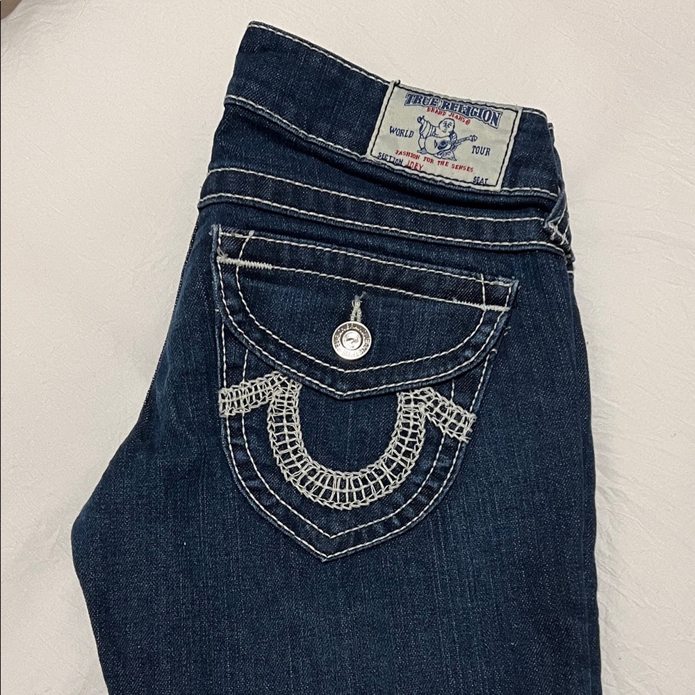 True Religion Women's Dark Blue Jeans with White Stitching